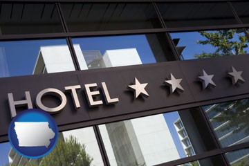 a hotel facade - with Iowa icon