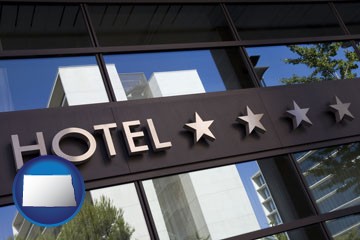 a hotel facade - with North Dakota icon