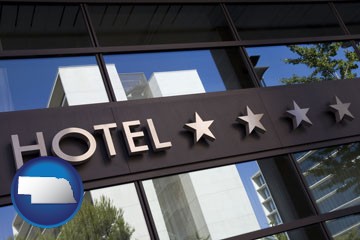 a hotel facade - with Nebraska icon