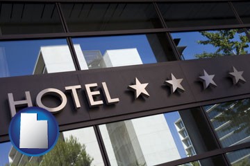 a hotel facade - with Utah icon