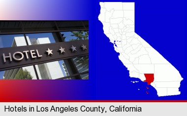 a hotel facade; Los Angeles County highlighted in red on a map