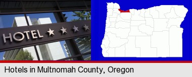 a hotel facade; Multnomah County highlighted in red on a map