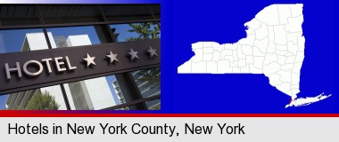 a hotel facade; New York County highlighted in red on a map