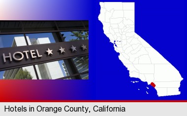 a hotel facade; Orange County highlighted in red on a map