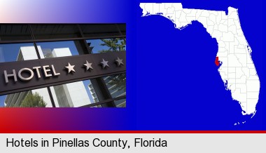a hotel facade; Pinellas County highlighted in red on a map