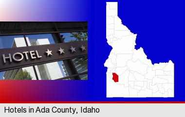 a hotel facade; Ada County highlighted in red on a map