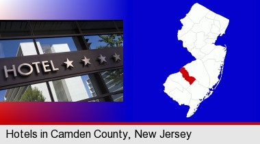 a hotel facade; Camden County highlighted in red on a map