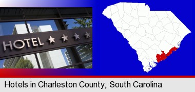 a hotel facade; Charleston County highlighted in red on a map