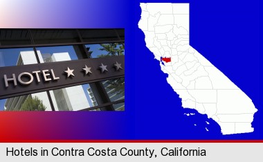 a hotel facade; Contra Costa County highlighted in red on a map