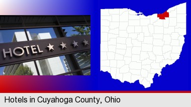 a hotel facade; Cuyahoga County highlighted in red on a map
