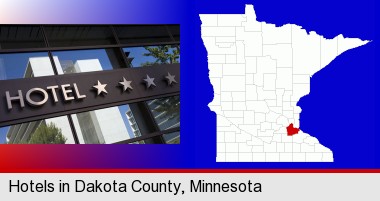 a hotel facade; Dakota County highlighted in red on a map