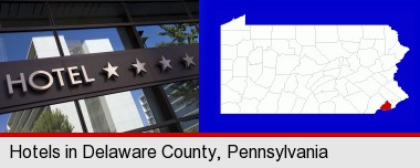 a hotel facade; Delaware County highlighted in red on a map