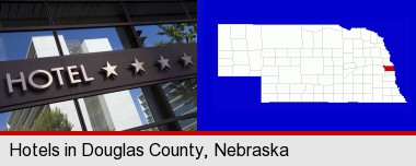 a hotel facade; Douglas County highlighted in red on a map