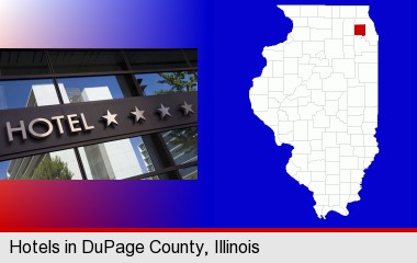 a hotel facade; DuPage County highlighted in red on a map