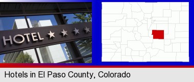 a hotel facade; Elbert County highlighted in red on a map