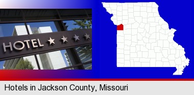 a hotel facade; Jackson County highlighted in red on a map