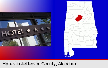 a hotel facade; Jefferson County highlighted in red on a map