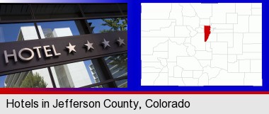 a hotel facade; Jefferson County highlighted in red on a map