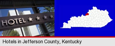 a hotel facade; Jefferson County highlighted in red on a map