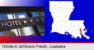 a hotel facade; Jefferson Parish highlighted in red on a map