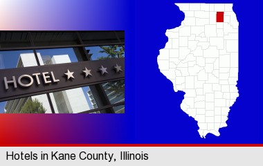 a hotel facade; Kane County highlighted in red on a map
