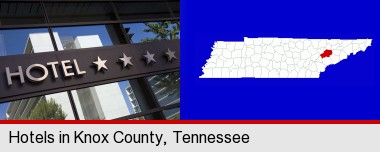 a hotel facade; Knox County highlighted in red on a map
