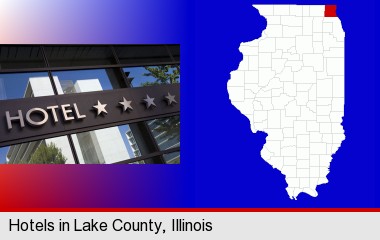 a hotel facade; LaSalle County highlighted in red on a map