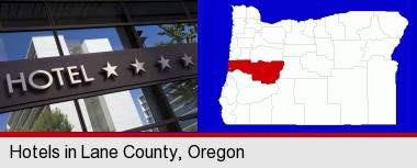 a hotel facade; Lane County highlighted in red on a map