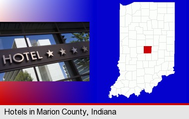 a hotel facade; Marion County highlighted in red on a map