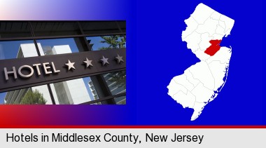 a hotel facade; Middlesex County highlighted in red on a map