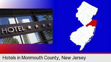 a hotel facade; Monmouth County highlighted in red on a map