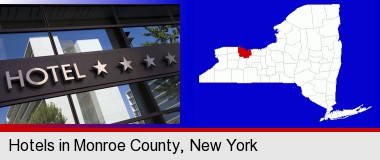 a hotel facade; Monroe County highlighted in red on a map
