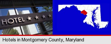 a hotel facade; Montgomery County highlighted in red on a map