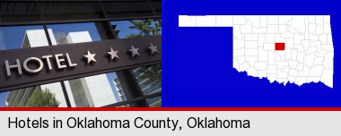 a hotel facade; Oklahoma County highlighted in red on a map
