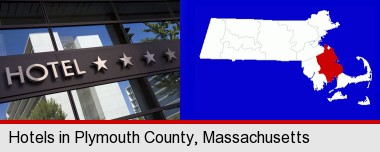 a hotel facade; Plymouth County highlighted in red on a map