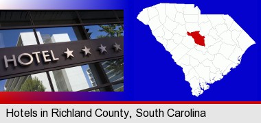 a hotel facade; Richland County highlighted in red on a map