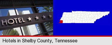 a hotel facade; Shelby County highlighted in red on a map