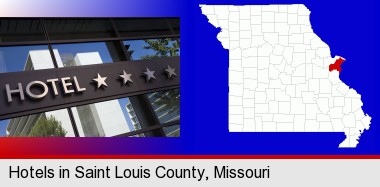 a hotel facade; St Francois County highlighted in red on a map