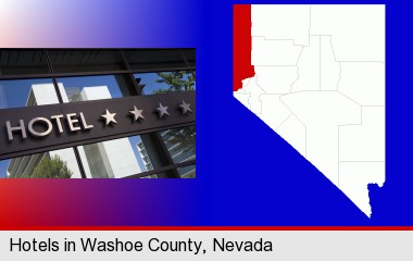 a hotel facade; Washoe County highlighted in red on a map