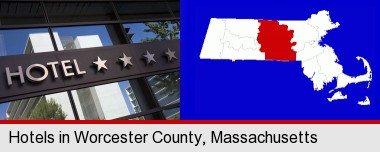a hotel facade; Worcester County highlighted in red on a map